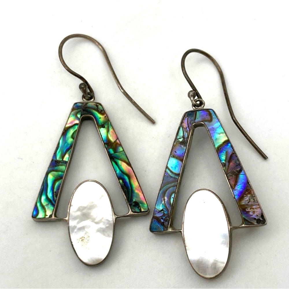 SOLD Vintage Abalone and Mother of Pearl Big Geometric Dangle Earrings Silver - Picture 1 of 9